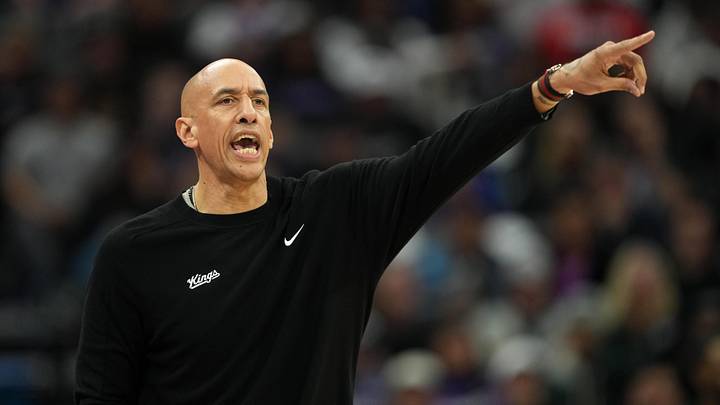Mar 22, 2025; Sacramento, California, USA; Sacramento Kings interim head coach Doug Christie yells during the fourth quarter against the Milwaukee Bucks at Golden 1 Center. Mandatory Credit: Darren Yamashita-Imagn Images