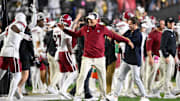 Nov 9, 2024; Nashville, Tennessee, USA;  South Carolina Gamecocks head coach Shane Beamer celebrates the win with defensive back Vicari Swain (4) against the Vanderbilt Commodores during the second half at FirstBank Stadium. Mandatory Credit: Steve Roberts-Imagn Images