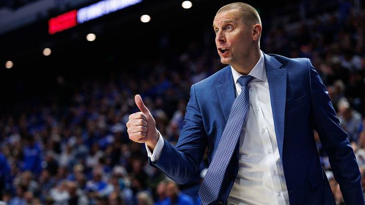 Nov 21, 2025; Lexington, Kentucky, USA; Kentucky Wildcats head coach Mark Pope gives a thumbs up from the sideline during the first half against the Loyola (MD) Greyhounds at Rupp Arena at Central Bank Center. Mandatory Credit: Jordan Prather-Imagn Images