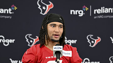 Jun 10, 2025; Houston, TX, USA; Houston Texans quarterback C.J. Stroud speaks at a press conference after an NFL football minicamp at NRG Stadium. Mandatory Credit: Maria Lysaker-Imagn Images 