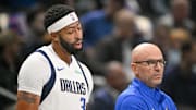 Oct 29, 2025; Dallas, Texas, USA; Dallas Mavericks forward Anthony Davis (3) exchanges words with Dallas Mavericks head coach Jason Kidd as Davis walks off the court during the first quarter at the American Airlines Center. Mandatory Credit: Jerome Miron-Imagn Images