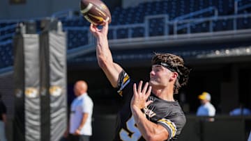 Aug 28, 2025; Columbia, Missouri, USA; Missouri Tigers quarterback Beau Pribula (9) warms up against the Central Arkansas Bears prior to a game at Faurot Field at Memorial Stadium. Mandatory Credit: Denny Medley-Imagn Images