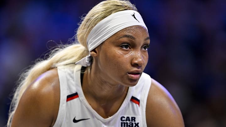 Jun 28, 2025; Arlington, Texas, USA; Washington Mystics forward Kiki Iriafen (44) during the game between the Dallas Wings and the Washington Mystics at College Park Center. Mandatory Credit: Jerome Miron-Imagn Images
