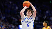 Feb 11, 2025; Lexington, Kentucky, USA; Kentucky Wildcats forward Trent Noah (9) shoots a free throw during the second half against the Tennessee Volunteers at Rupp Arena at Central Bank Center. Mandatory Credit: Jordan Prather-Imagn Images