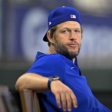 Apr 20, 2025; Arlington, Texas, USA; Los Angeles Dodgers pitcher Clayton Kershaw looks during the game between the Texas Rangers and the Los Angeles Dodgers at Globe Life Field. Mandatory Credit: Jerome Miron-Imagn Images