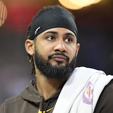 Jun 9, 2024; San Diego, California, USA; San Diego Padres’ Fernando Tatis Jr. (23) looks on during the sixth inning against the Seattle Mariners at Petco Park.