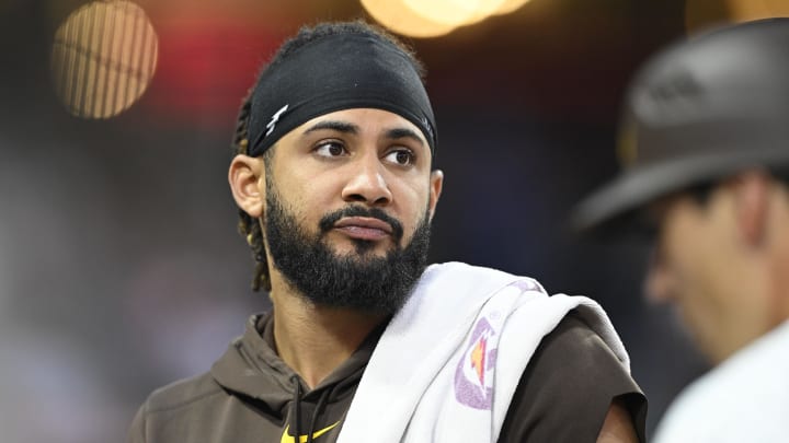 Jun 9, 2024; San Diego, California, USA; San Diego Padres’ Fernando Tatis Jr. (23) looks on during the sixth inning against the Seattle Mariners at Petco Park.