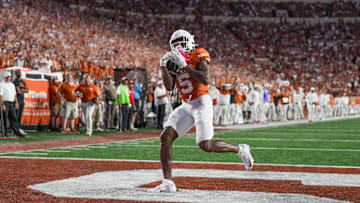 Sep 21, 2024; Austin, Texas, USA;  Texas Longhorns wide receiver Ryan Wingo (5) catches a touchdown pass in the first half against the Louisiana Monroe Warhawks.