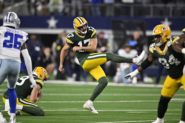 Green Bay Packers place kicker Brandon McManus kicks a field goal against the Cowboys.