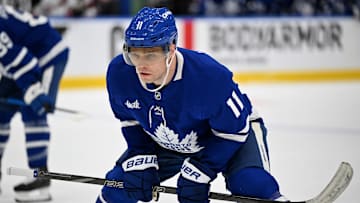 Apr 22, 2025; Toronto, Ontario, CAN;  Toronto Maple Leafs forward Max Domi (11) prepares to take a faceoff against the Ottawa Senators in the first period in game two of the first round of the 2025 Stanley Cup Playoffs at Scotiabank Arena. Mandatory Credit: Dan Hamilton-Imagn Images