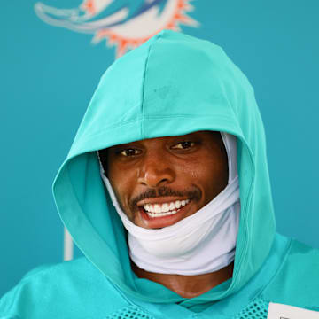 Jul 24, 2024; Miami Gardens, FL, USA; Miami Dolphins cornerback Jalen Ramsey (5) talks to reporters during training camp at Baptist Health Training Complex. Mandatory Credit: Sam Navarro-Imagn Images