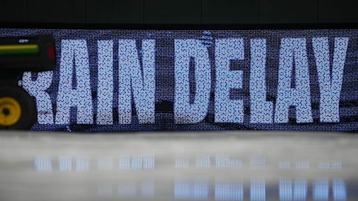 Jul 11, 2025; Kansas City, Missouri, USA; A general view of the field with tarp on during a rain delay prior to a game between the Kansas City Royals and New York Mets at Kauffman Stadium. Mandatory Credit: Denny Medley-Imagn Images