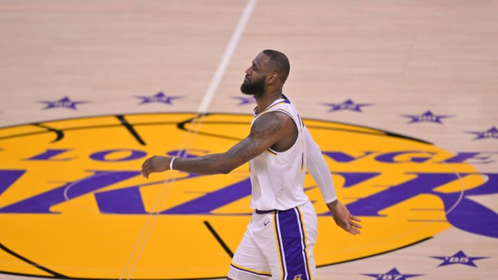 May 20, 2023; Los Angeles, California, USA; Los Angeles Lakers forward LeBron James (6) reacts in the second half against the Denver Nuggets during game three of the Western Conference Finals for the 2023 NBA playoffs at Crypto.com Arena. Mandatory Credit: Jayne Kamin-Oncea-USA TODAY Sports