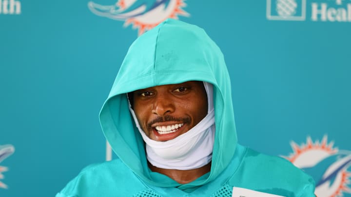 Jul 24, 2024; Miami Gardens, FL, USA; Miami Dolphins cornerback Jalen Ramsey (5) talks to reporters during training camp at Baptist Health Training Complex. Mandatory Credit: Sam Navarro-Imagn Images