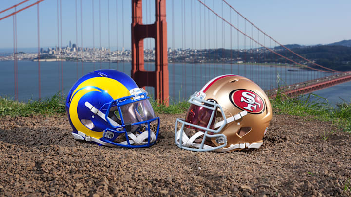 Jan 29, 2026; San Francisco, California, USA; Los Angeles Rams and San Francisco 49ers helmets with the Golden Gate bridge as a backdrop. Mandatory Credit: Kirby Lee-Imagn Images