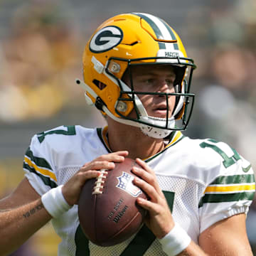 Green Bay Packers quarterback Michael Pratt throws a pass during warmups prior to the game against the Baltimore Ravens.