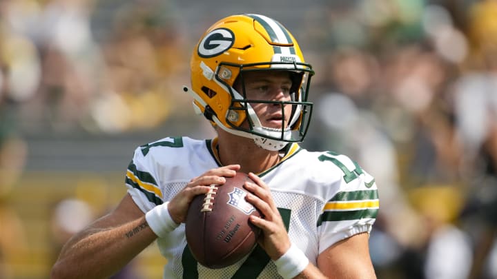 Aug 24, 2024; Green Bay, Wisconsin, USA;  Green Bay Packers quarterback Michael Pratt (17) throws a pass during warmups prior to the game against the Baltimore Ravens at Lambeau Field. Mandatory Credit: Jeff Hanisch-USA TODAY Sports