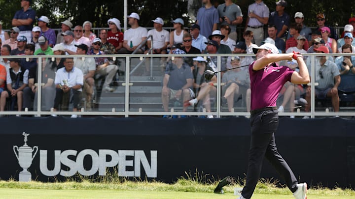 Jun 14, 2025; Oakmont, Pennsylvania, USA; Thomas Detry plays his shot from the first tee during the third round of the U.S. Open golf tournament. Mandatory Credit: Charles LeClaire-Imagn Images