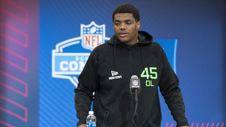 Alabama A&M offensive lineman Carson Vinson answers questions at a press conference during the 2025 NFL Combine.
