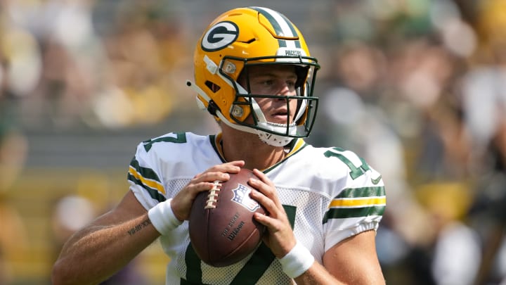 Aug 24, 2024; Green Bay, Wisconsin, USA;  Green Bay Packers quarterback Michael Pratt (17) throws a pass during warmups prior to the game against the Baltimore Ravens at Lambeau Field.