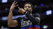 Mar 13, 2025; Detroit, Michigan, USA;  Detroit Pistons guard Malik Beasley (5) celebrates in the second half against the Washington Wizards at Little Caesars Arena. Mandatory Credit: Rick Osentoski-Imagn Images