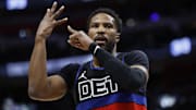 Mar 13, 2025; Detroit, Michigan, USA;  Detroit Pistons guard Malik Beasley (5) celebrates in the second half against the Washington Wizards at Little Caesars Arena. Mandatory Credit: Rick Osentoski-Imagn Images
