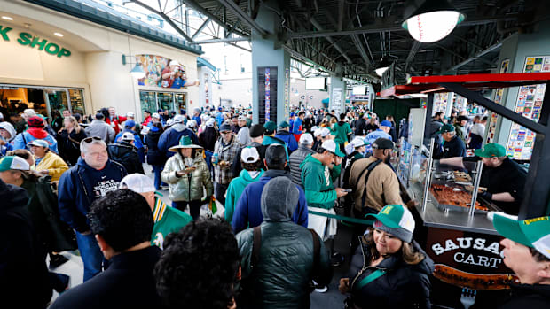 Fans enter Sutter Health Park before the A’s 2025 home opener.