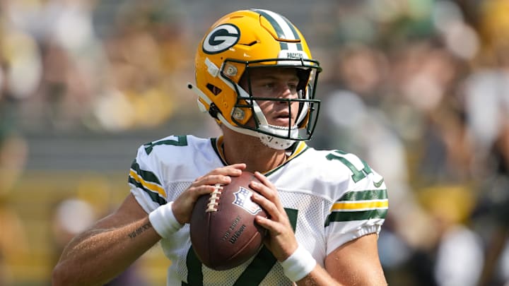 Aug 24, 2024; Green Bay, Wisconsin, USA;  Green Bay Packers quarterback Michael Pratt (17) throws a pass during warmups prior to the game against the Baltimore Ravens at Lambeau Field. 