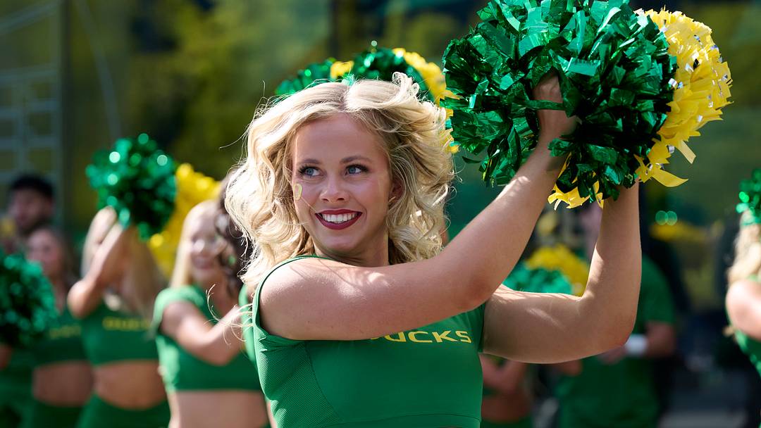Sep 5, 2026; Eugene, Oregon, USA; The Oregon cheer team perform for fans before a game between the Oregon Ducks and the Boise State Broncos at Autzen Stadium. Mandatory Credit: Troy Wayrynen-Imagn Images Sep 5, 2026; Eugene, Oregon, USA; The Oregon cheer team perform for fans before a game between the Oregon Ducks and the Boise State Broncos at Autzen Stadium. Mandatory Credit: Troy Wayrynen-Imagn Images