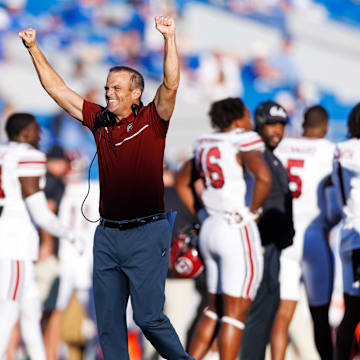 Sep 7, 2024; Lexington, Kentucky, USA; South Carolina Gamecocks head coach Shane Beamer celebrates during the fourth quarter against the Kentucky Wildcats at Kroger Field. Mandatory Credit: Jordan Prather-Imagn Images