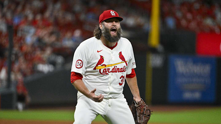 Sep 17, 2024; St. Louis, Missouri, USA;  St. Louis Cardinals starting pitcher Lance Lynn (31) reacts after inning ending double play against the Pittsburgh Pirates during the fifth inning at Busch Stadium. Mandatory Credit: Jeff Curry-Imagn Images