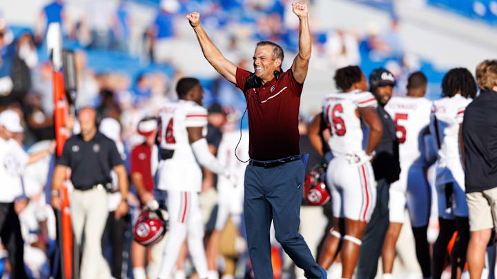 South Carolina football coach Shane Beamer celebrating after dominating the Kentucky Wildcats