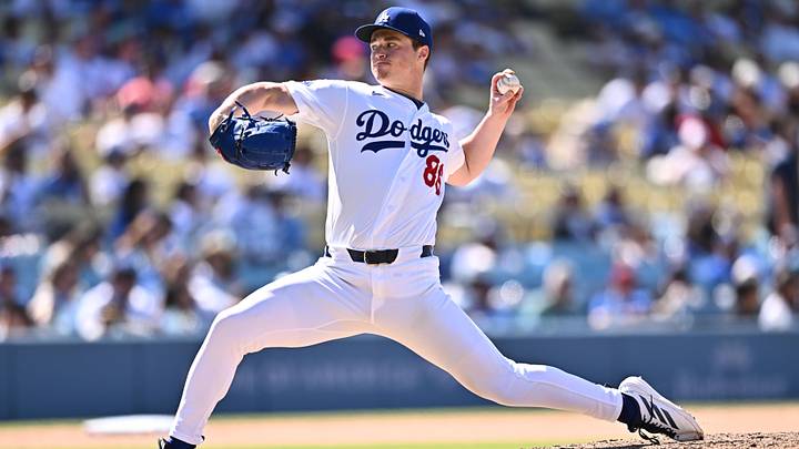 Jun 7, 2026; Los Angeles, California, USA;  Los Angeles Dodgers pitcher Jack Dreyer (86) throws to the plate against the Los Angeles Angels during the eighth inning at Dodger Stadium. Mandatory Credit: William Liang-Imagn Images