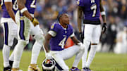 Dec 7, 2025; Baltimore, Maryland, USA; Baltimore Ravens wide receiver Zay Flowers (4) reacts after a play against the Pittsburgh Steelers during the second half at M&T Bank Stadium. Mandatory Credit: Peter Casey-Imagn Images