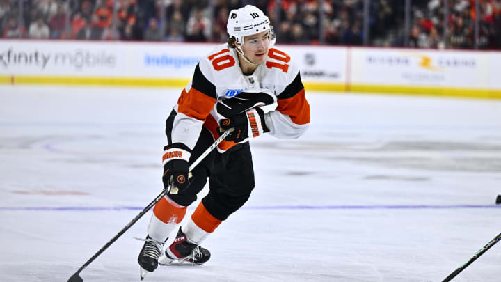 Apr 13, 2024; Philadelphia, Pennsylvania, USA; Philadelphia Flyers right wing Bobby Brink (10) controls the puck against the New Jersey Devils in the third period at Wells Fargo Center. Mandatory Credit: Kyle Ross-USA TODAY Sports