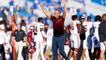 Sep 7, 2024; Lexington, Kentucky, USA; South Carolina Gamecocks head coach Shane Beamer celebrates during the fourth quarter against the Kentucky Wildcats at Kroger Field. Mandatory Credit: Jordan Prather-Imagn Images