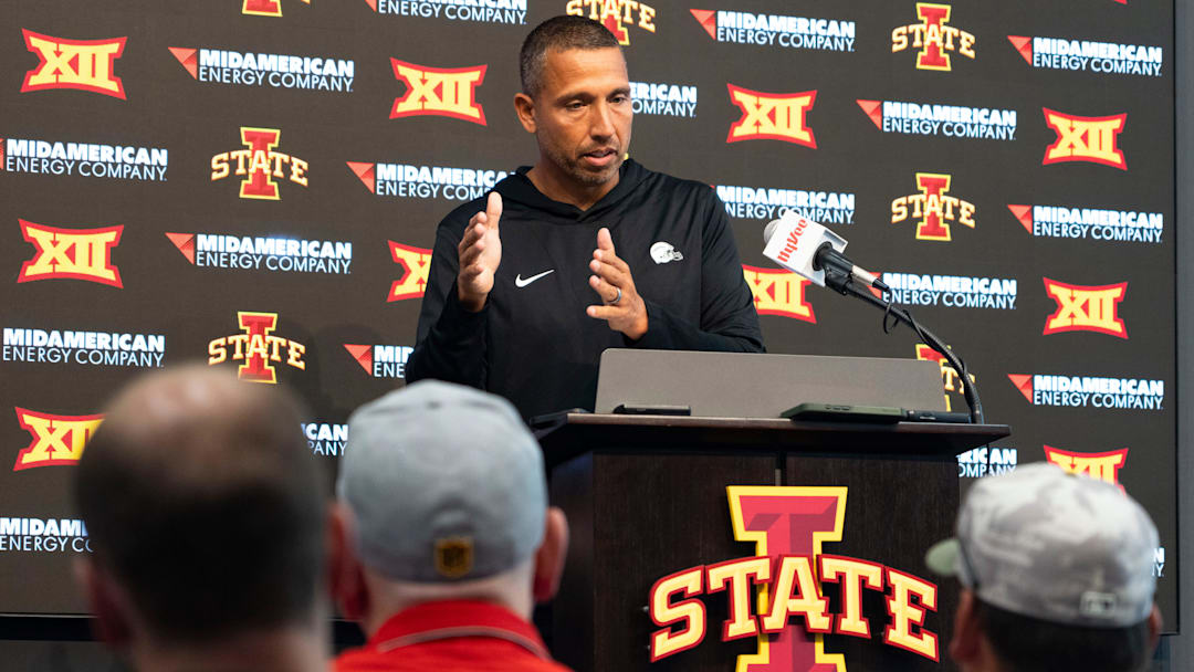 Iowa State football head coach Matt Campbell speaks during Iowa State football media day at Stark Performance Center on July 25, 2025, in Ames.