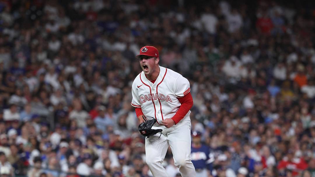 Mar 13, 2026; Houston, TX, United States; Canada relief pitcher Matt Wilkinson (35) reacts during the eighth inning against the United States during a quarterfinal game of the 2026 World Baseball Classic at Daikin Park. Mandatory Credit: Troy Taormina-Imagn Images