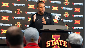 Iowa State football head coach Matt Campbell speaks during Iowa State football media day at Stark Performance Center on July 25, 2025, in Ames.