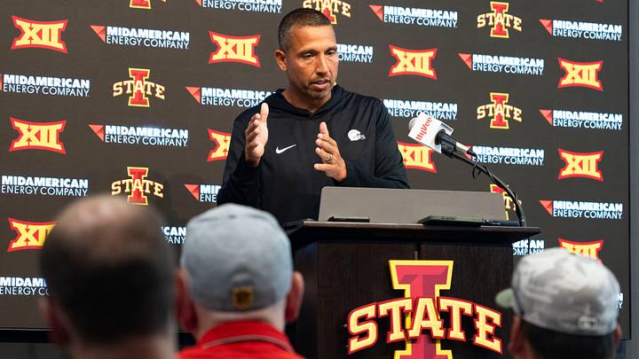 Iowa State football head coach Matt Campbell speaks during Iowa State football media day at Stark Performance Center on July 25, 2025, in Ames.