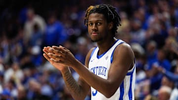 Oct 24, 2025; Lexington, KY, USA; Kentucky Wildcats guard Kam Williams (3) claps from the sideline during the second half against the Purdue Boilermakers at Rupp Arena at Central Bank Center. Mandatory Credit: Jordan Prather-Imagn Images
