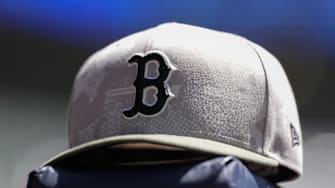 May 26, 2025; Milwaukee, Wisconsin, USA;  General view of a Boston Red Sox hat during warmups prior the game against the Milwaukee Brewers at American Family Field. Mandatory Credit: Jeff Hanisch-Imagn Images