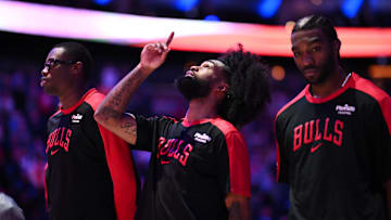 Apr 13, 2025; Philadelphia, Pennsylvania, USA; Chicago Bulls guard Coby White (0) reacts during the national anthem before the game against the Philadelphia 76ers at Wells Fargo Center. Mandatory Credit: Kyle Ross-Imagn Images