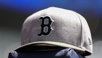 May 26, 2025; Milwaukee, Wisconsin, USA;  General view of a Boston Red Sox hat during warmups prior the game against the Milwaukee Brewers at American Family Field. Mandatory Credit: Jeff Hanisch-Imagn Images