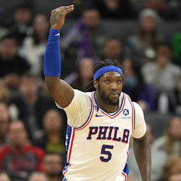 Jan 21, 2023; Sacramento, California, USA; Philadelphia 76ers center Montrezl Harrell (5) gestures after scoring against the Sacramento Kings during the third quarter at Golden 1 Center. Mandatory Credit: Darren Yamashita-Imagn Images