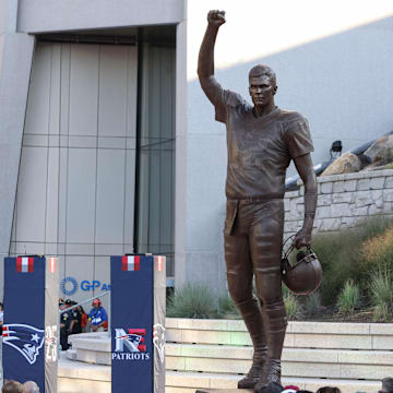 Retired New England Patriot Hall of Famer Tom Brady speaks during a statue unveiling. Mandatory Credit: Paul Rutherford-Imagn Images