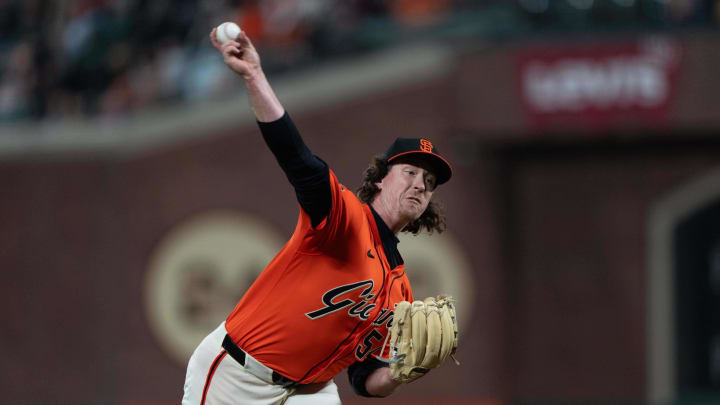 Jul 26, 2024; San Francisco, California, USA;  San Francisco Giants pitcher Mike Baumann (54) pitches during the eighth inning against the Colorado Rockies at Oracle Park. 