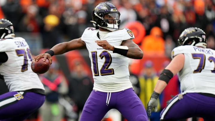 Jan 8, 2023; Cincinnati, Ohio, USA; Baltimore Ravens quarterback Anthony Brown (12) throws in the fourth quarter during a game against the Cincinnati Bengals at Paycor Stadium. Mandatory Credit: Kareem Elgazzar-USA TODAY Sports