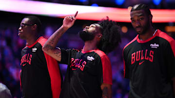 Apr 13, 2025; Philadelphia, Pennsylvania, USA; Chicago Bulls guard Coby White (0) reacts during the national anthem before the game against the Philadelphia 76ers at Wells Fargo Center. Mandatory Credit: Kyle Ross-Imagn Images