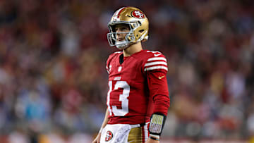 Dec 30, 2024; Santa Clara, California, USA; San Francisco 49ers quarterback Brock Purdy (13) during the game against the Detroit Lions at Levi's Stadium. Mandatory Credit: Sergio Estrada-Imagn Images